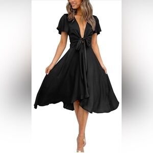 miduo Satin VNeck Ruffle Short Sleeve Tie Front High Waist Midi ALine Maxi Dress